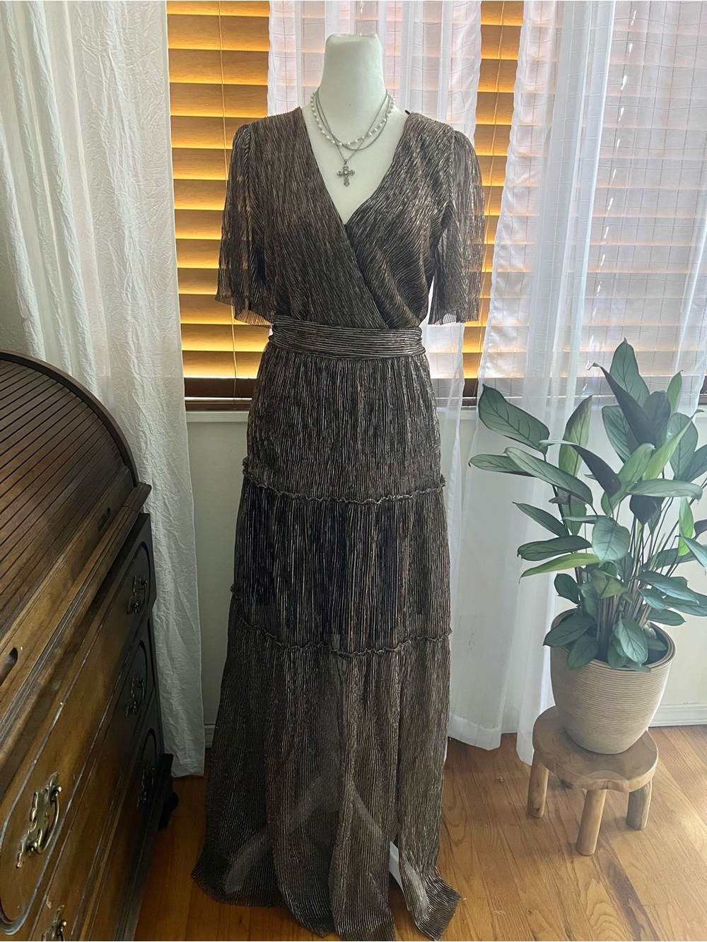 Metallic Brown Wrap Maxi Dress